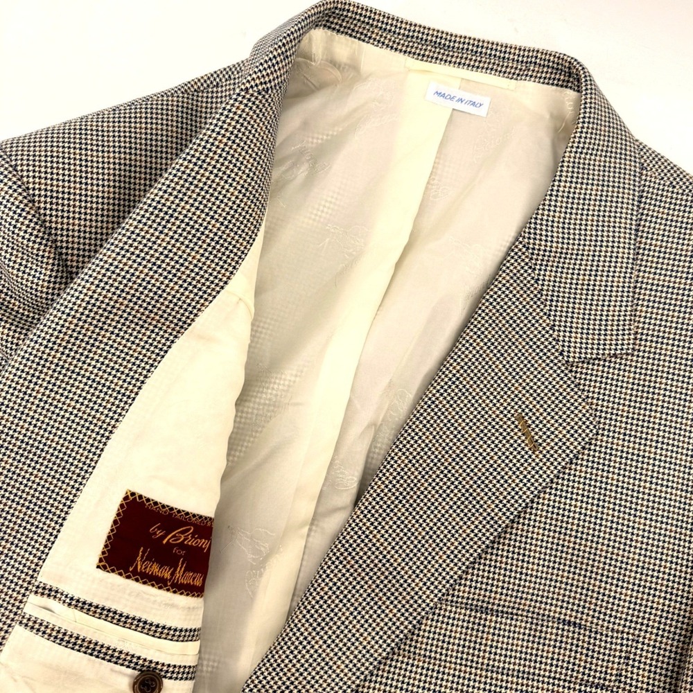 Brioni Traiano Silk Wool Blazer Mens 44R Blue Tan Houndstooth Glen Plaid Italy